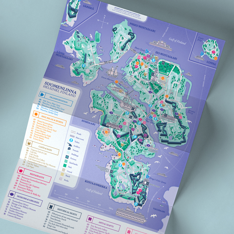Illustrated  tourist map of Suomenlinna, created as part of MA Thesis in Aalto University.